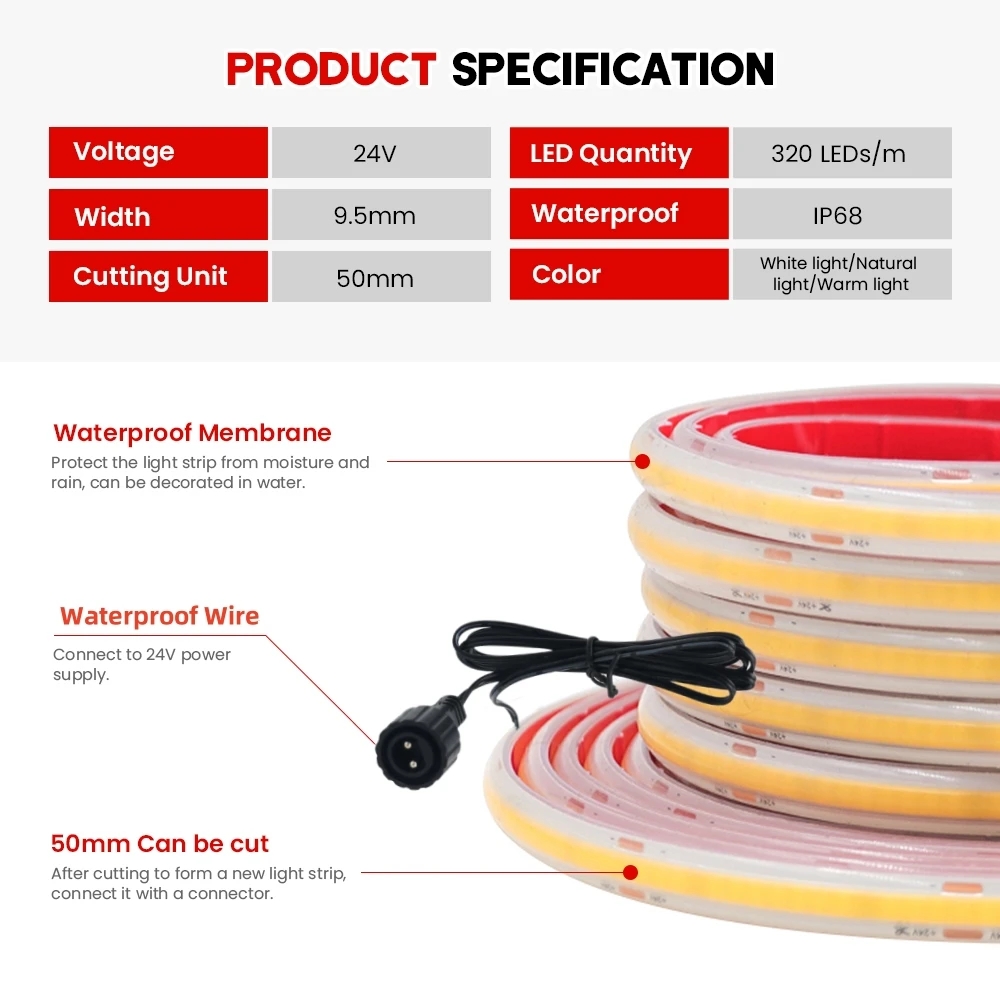 24V COB Strip IP68 Waterproof  - Outdoor Power Strip recension och pris
